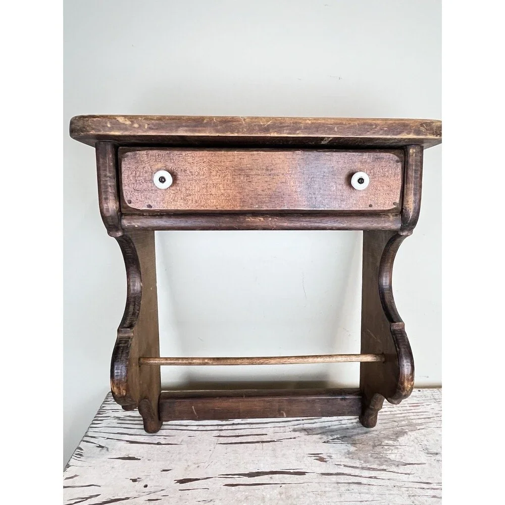 Vintage Rustic Wooden Shelf White Knob Drawer Hand Linen Bar Farmhouse 16”x15”